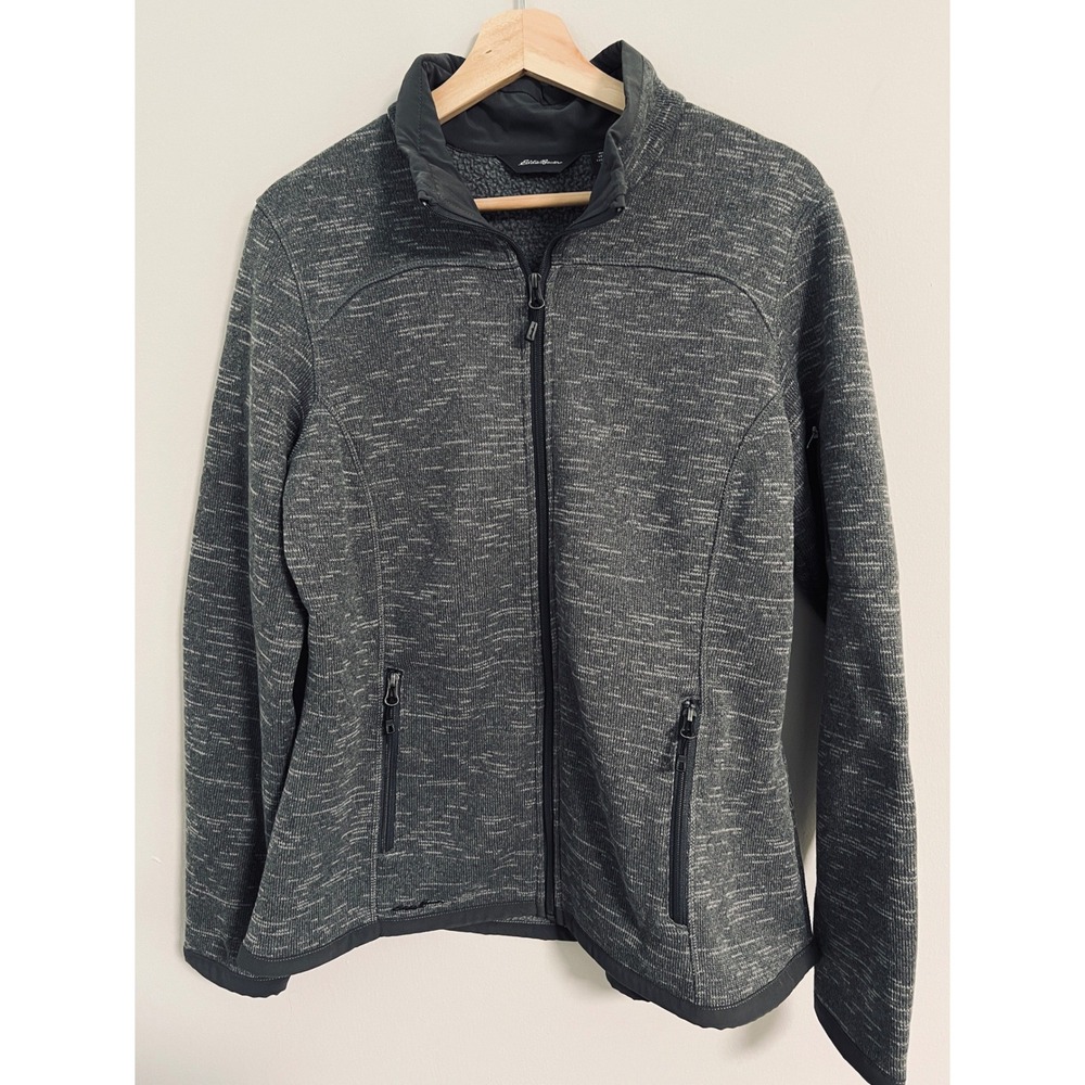 Eddie Bauer Full Zip Fleece Jacket Womens Large Gray Space Dye Mock Neck Outdoor